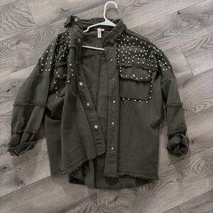 Elan Olive Green Jean Jacket with Studded Details